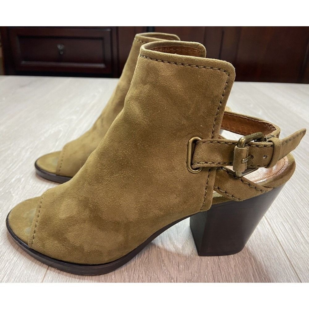 Frye Bootie Womens 7.5 Tan Dani Shield Slingback Peep Toe Boho Suede Festival